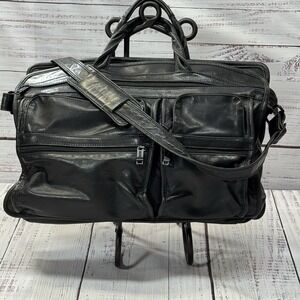 Tumi Alpha Black Leather Computer Briefcase Bag Adjustable Strap Multi Pockets